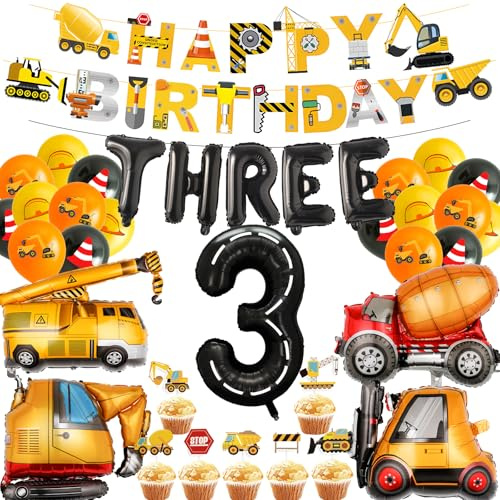 3rd Birthday Decorations Boy Balloons - 36 Pcs Excavator Balloon Banner Cake Toppers Number Letter 3 Party Supplies Truck Bulldozer Crane Digger Construction For 3 Years Old Boys Birthday Party