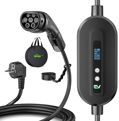 Evjuicion Ladegerät für Elektroautos, 3,68 kW, 8-16 A, Ladekabel für Elektroauto mit digitalem Display und Tasche, Ladegerät Typ 2, IP67, kompatibel mit Modell 3, ID.3, i3, IEC 62196-2 (10 m)