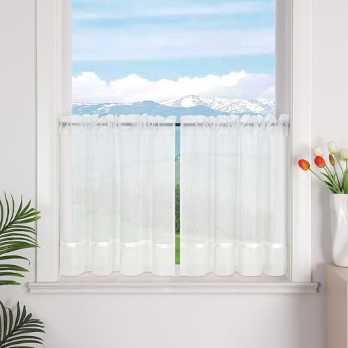 Delien Linen Look Net Curtains with Ruffle Tape and Drawstring, Semi-Transparent Bistro Curtains for Kitchen Windows, Country House Short Curtains, Pack of 1, White, W x H 90 x 60 cm