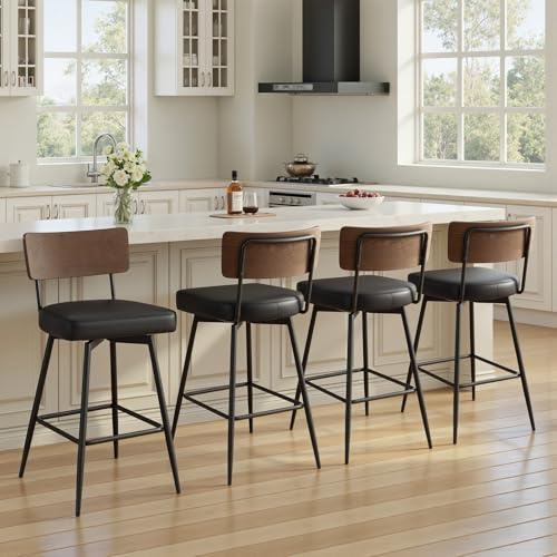 Bekrvio Lot de 4 tabourets de Bar pivotants à 360° avec Dossier, Hauteur 66 cm, pour l'extérieur, avec siège en Cuir synthétique et Dossier en Bois Massif, Cadre en métal, Tabouret de Cuisine Moderne