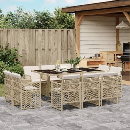 Hoodmeel Rattan Gartenmöbel Set 10 Personen Garten Sitzgruppe 10 Personen Sitzgruppe Outdoor Polyrattan Sitzgruppe Sitzgarnitur Terassenmöbel außen-Beige-11-tlg