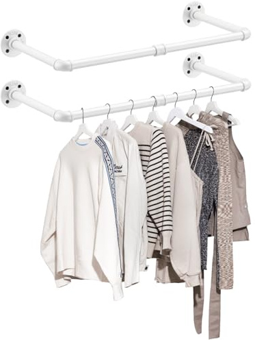 eSynic 2 Pack Perchero de Pared 60cm, Rieles para Ropa Montados en la Pared Barra para Colgar Ropa Industrial Blanco Vintage, Soporte Metal 25kg para Dormitorio, Vestidor, Baño, Lavadero