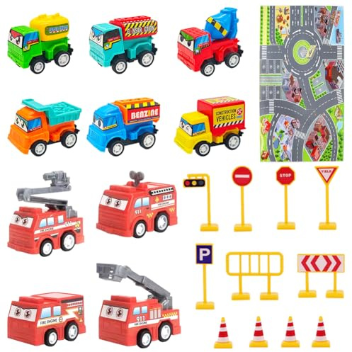 WFKKMEQ Auto Spielzeug Set, 10 Stück Baufahrzeuge Spielzeug Mini Spielzeugautos mit Spielmatte und 12 Straßensperre Pull Back Autos Modellauto Autos Zurückziehen Fahrzeuge Cars Spielzeugs für Kinder
