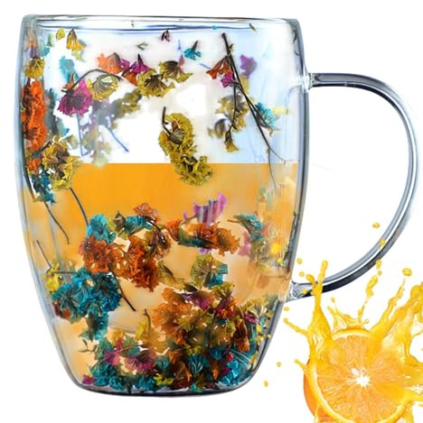 Tiajingzi Floral Fusion Tasses en verre à double paroi, 350 ml, tasse à café à double paroi avec poignée, tasse à thé au lait en verre pour boissons chaudes, fêtes de Noël