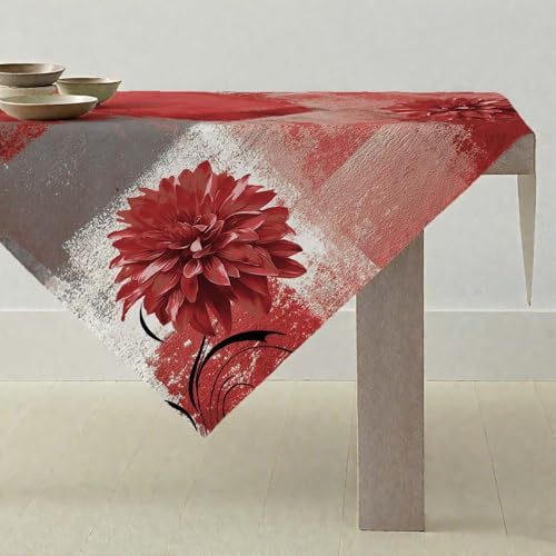 ViaElayu Tischdecke Rot Grau Retro Mitteldecke mit Blume Bauernhaus Tischdekoration Rustikales Ölgemälde Abwaschbar Klein Tischdecke Akzenttisch Dekoratives 85x85cm Tablecloth für Küche Urlaub