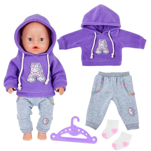 Puppenkleidung für 30-45 cm Baby Puppen Enthält 1 Lila Pony Hoodie 1 Graue Hose 1 Braune Hose 1 Paar Socken 1 Kleiderbügel für 12-18 Zoll Puppen Zubehör Kinder Geschenk