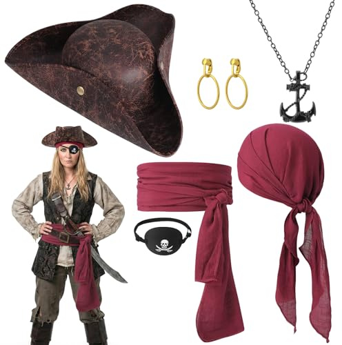 Apricitie Karneval Piratenkostüm Damen 7 Stück Piratenhut Set | Pirat Dreispitz,Piraten Kopftuch,Augenklappe,Ohrringe,Ankerkette,Gürtel und Kopftuchalles,Halloween Karneval Cosplay Party