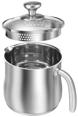 Pot à lait, casserole en acier inoxydable, casserole à lait de 2 L avec bec verseur, couvercle en verre et poignée pour faire bouillir, sauce, sauces, pâtes, nouilles