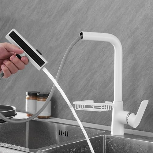 Miscelatore Cucina con Doccetta Estraibile Girevole 3 Modalità Ottone Rubinetteria Cucina Estensibile-Bianco