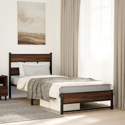 Hoopleep Metallsäng utan madrass, ekutseende 107 x 203 cm, robust stål, sängram med ribbotten, sänggavel, extra förvaringsutrymme, modern design för sovrum