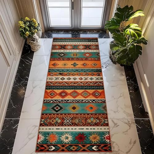 RICAUOU Bohemian Runner Rug, 60x120cm Moroccan-Aztec Geometric Abstract Totem Pattern Hallway Rugs, Vintage Distressed Plaid Print Long Entryway Carpet Rustic, Traditional, Classic Indoor Floor Mat