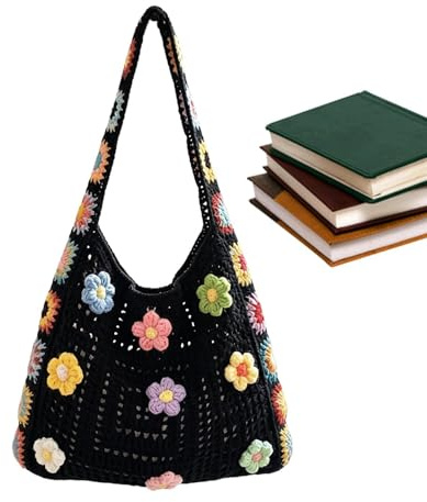 Generisch Gehäkelte Tragetasche - 33x27cm Handgestrickte Tasche Damen Boho Umhängetasche | Florale Handgefertigte Strandtasche Schultertasche | Häkeltasche Mit Blumenmuster Für Sommer Urlaub Dating