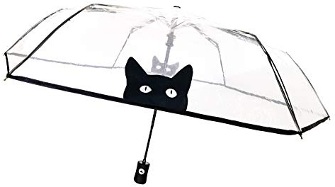 SMARTBULLE Transparenter Faltbarer Regenschirm - Kompakt; Stabil; Windbeständig; Automatisch öffnend; Durchmesser=98cm; Damenregenschirm; Motiv: Katze.