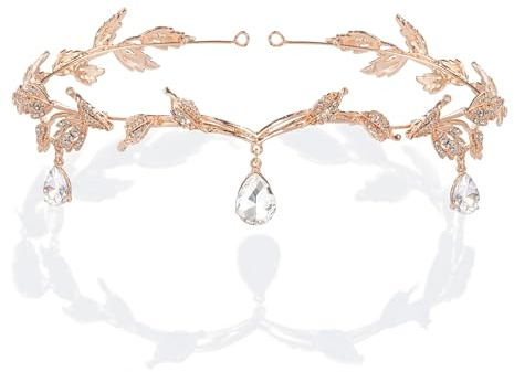 BABEYOND Crystal Leaf Wedding Diadem Headband Bridal Bridesmaid Forehead Band Rhinestone Bridal Tiara Crown with Gift Box, Rose Gold, One size