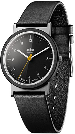 Braun Unisex 3-Hand Analogue Swiss-Part Quartz Watch, Made in Germany, Black Dial and Black Leather Strap, 33mm Stainless Steel Case, Model AW10.