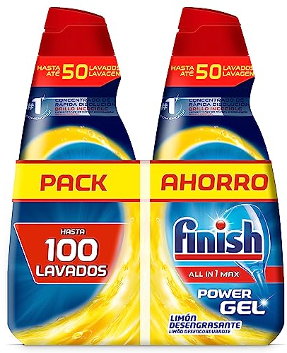 Finish All in 1 Max Power Gel Limón Desengrasante Detergente Gel para el Lavavajilla, 2 unidades, 100 lavados