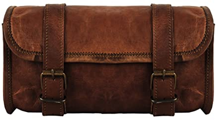 Genuine Goat Leather Vintage Motorcycle 2 Strap Buckle Closure Tool Brown Bag Quick Release Clasp Reinforced for Handlebars,Forks, Sissy Bar - 10 Christmas New Year Gift Idea