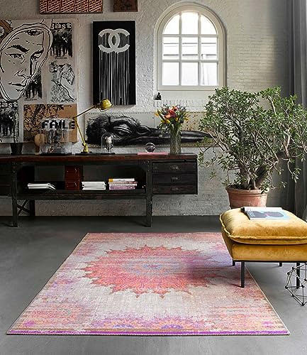 Wecon Home Teppich Vintage Bunt Beige Kurzflor für Wohnzimmer Schlafzimmer Flur Silhouette Sunkissed (160 x 230 cm, rosa beige lila gelb blau)