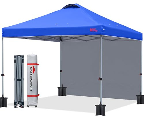 MASTERCANOPY Pop-up-Pavillon mit Seitenwand 2x2 Schnellaufbau, 3-Fach höhenverstellbar, UPF50+, wasserabweisend, inkl. Rolltasche + 4 Sandsäcke, für Camping, Events, Garten, Blau