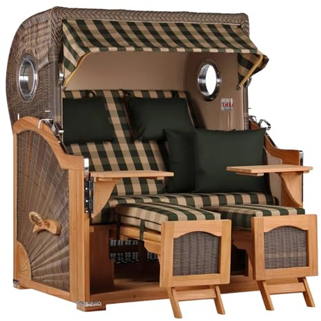 MR. DEKO® Strandkorb Düne Grande XL 2,5-Sitzer Teak | PE Geflecht Grey - Dessin 506 | Volllieger Strandstuhl mit Bullauge inkl. 2 Fußablagen | je 2 Kissen und Nackenkissen | Strandkörbe aus Teakholz