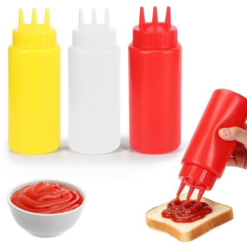 HERCHR Juego de 3 botellas exprimibles, botellas dispensadoras de condimentos con boquilla de tres orificios para ketchup y aderezos, botellas de cocina para salsas y condimentos