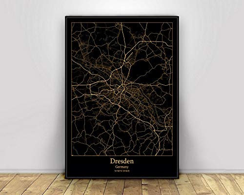 SONG Leinwand Bild, Dresden Deutschland Schwarz & Gold Stadtlichtkarten Benutzerdefinierte Weltstadtplakate Plakate Leinwanddrucke Wandkunst im nordischen Stil Wohnkultur,60X90CM
