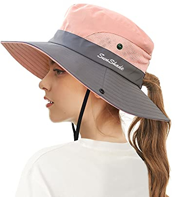 ECOMBOS Womens Sun Hats Wide Brim UV Protection Mesh Foldable Ponytail Bucket Fishing Hat Beach Cap for Fishing Hiking Gardening Outdoor Pink