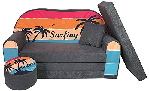 FORTISLINE Kindersofa XXL 2-Sitzer ausklappbar - Kindercouch mit Hocker und Kissen, Kinderzimmer Sofa mit Liegefläche bis 160 cm, Oeko-TEX, hergestellt in der EU, Surfing