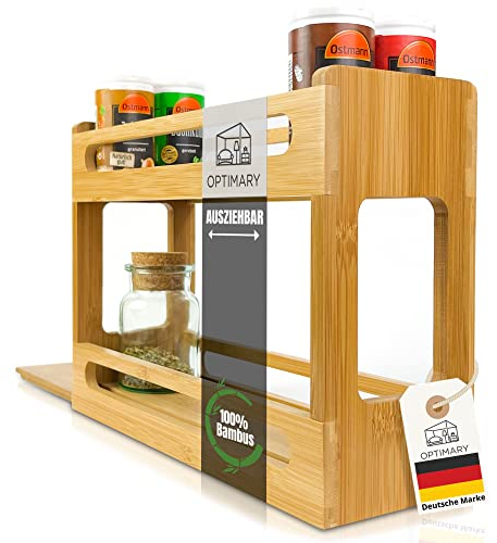 OPTIMARY® Gewürzregal ausziehbar für den Küchenschrank/Innenschrank - Praktischer Gewürz Organizer - Bambus Holz - Kleben oder Bohren