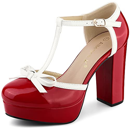 Allegra K Donna Piattaforma Fiocco T Strap Chunky Heels Pumps, Rosso, 38 EU