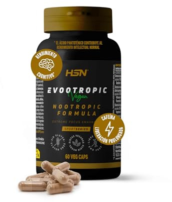 HSN Evootropic | 60 Cápsulas Vegetales | Nootrópico con Bacopa, Alpinia galanga, Fosfatidilserina, Huperzina A y CaffXtend® de Liberación Prolongada + L-Teanina | No-GMO, Vegano, Sin Gluten