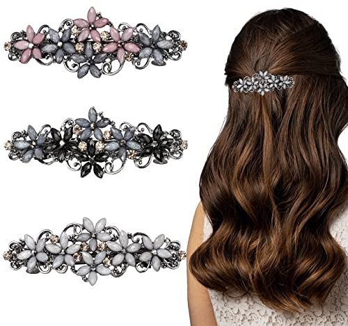 3 Stück Elegante Haarspangen für Damen Mädchen, Glitzernde Mode Exquisite Blume Kristall Haarspangen (Rosa und Dunkelblau/Schwarz und Dunkelblau/Grau und Grau)
