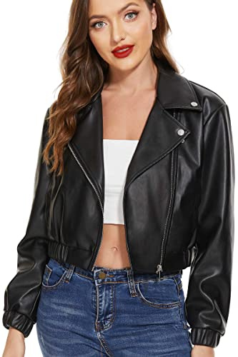Fahsyee Faux Leather Jacket Women - Black Motorcycle Short Coat Moto Biker Blazer Plus Size Casual Pleather Jackets Fashion M