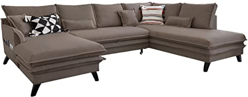 MIUFORM Ecksofa U-Form mit Schlaffunktion und Bettkasten | Charming Charlie | Wohnladschaft Couch Schlafcouch Wohnzimmer Gästezimmer | Holzlfüße Boho-Stil (Taupe, Rechts ausgerichtet)