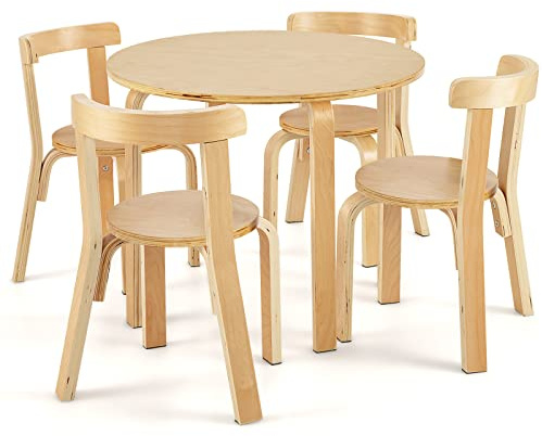 COSTWAY Juego de Mesa y Sillas para Niños de 5 Piezas con Respaldo de Madera Curvado, Mesa de Actividades para Niños con 4 Sillas, Muebles Infantiles para Hogar para Jugar, Dibujar, Leer (Natural)