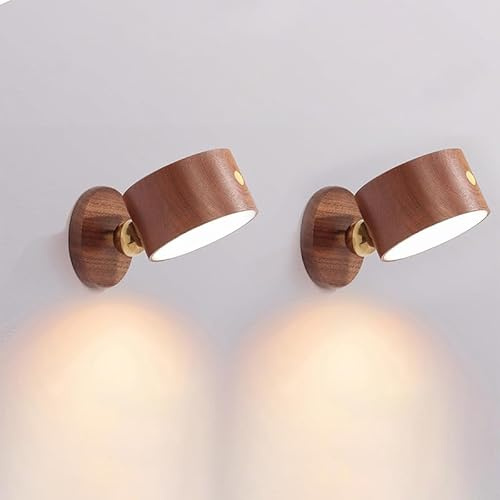 LANDGOO 2-Pack Wood Wall Sconce, Sapele Wood Magnetic 360° Rotatable Cordless Bedside Lamp Set, Rechargeable & Dimmable LED Lights with Touch Control, Wireless Wall Mount for Bedroom