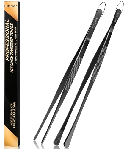 Gutsdoor 2Pcs Kitchen Tweezer Tongs, 12-Inch Stainless Steel Food Tweezers, Black Chef Tweezers for Cooking, Baking, Pasta, BBQ