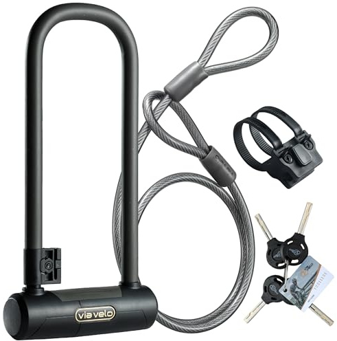 Via Velo Fahrrad-U-Schloss mit Kabel | Pro U Lock 20 CrMnTi Stahl 15 mm Bügel mit Halterung Innengröße: 24,4 x 8,9 cm Sold Secure Gold Zulassung für Road Mountain Elektro, Falträder, Roller