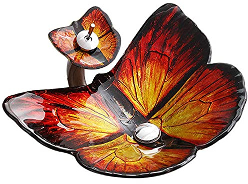 Bathroom Vessel Sink Set, Butterfly-Shaped Personalized Tempered Glass Washbasin,Countertop Bathroom Basin with Waterfall Faucet,Red-A