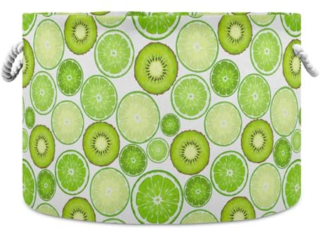 Green Kiwi Lime Storage Basket Round Toy Storage with Handle Waterproof Decorative Baskets Sheet Shoes Kids Collapsible Bins