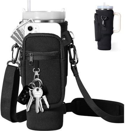 Tragetasche für Wasserflaschen mit Handytasche, kompatibel mit Cup 40oz - Flaschenhalter Trinkflasche Beutel mit Verstellbarem Schultergurt und 2 Taschen für Wandern, Camping, Reisen