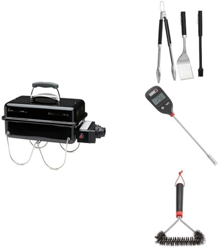 Bundle - Weber Go-Anywhere Gas Barbeque Grill | Portable Gas BBQ Grill | Table Top Camping Barbeque with Lid | Porcelain-Enamelled Bowl | Small & Lightweight Deep Dish Outdoor Stove - Black (1141056)