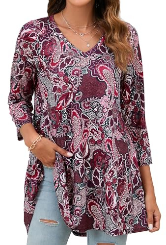 Enmain Maglia Tunica Donna Manica Lunga 3/4 Maglietta Taglie Forti Scollo V Paisley Camicetta Donna Longline Elegante Camicia Comfort Rose, 5XL
