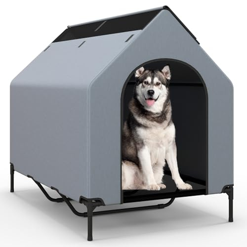 COSTWAY 2 in 1 Hundehütte & erhöhtes Hundebett, Hundeliege Outdoor, Haustierhaus mit atmungsaktivem Netzgewebe & Abnehmbarer Abdeckung, Hundehaus für große Hunde, Oxford, Grau (84 x 132 x 114 cm)