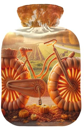 Autumn Pumpkin Fahrrad Orange Wärmflaschen mit weichem Bezug Fußwärmer mit weichem Bezug Wärmbeutel für Nacken, Schulter und Menstruationskrämpfe, 1L