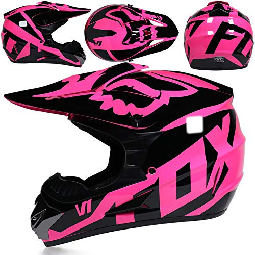 SMTSEC Motorradhelm Cross Damen Herren Full Face MTB Helm Motocross Helm DOT/ECE-Zertifizierter Mit Schutzbrillen Maske Handschuhe Downhill Helm Mopedhelm Schutzhelm Für Cruiser Chopper,Pink/A-L