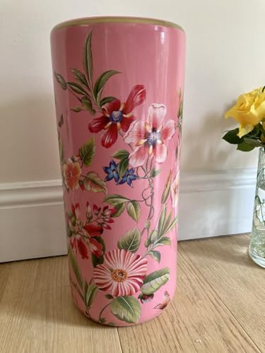 Ceramic Umbrella Stand Stick Holder Pink 44cm Tall Hexagonal w Flowers & Butterflies