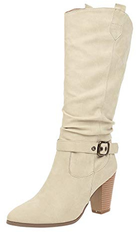 Stivaletti da donna in pelle PU con tacco – Stivali invernali con tacco a blocco, stivali da equitazione a mezza gamba, stile vintage, eleganti, casual al ginocchio, beige., 38