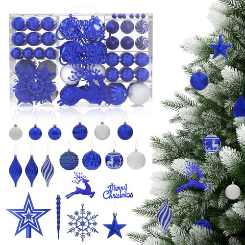 LZQ Weihnachtsbaumschmuck mit Anhänger und Kugeln Lackiert, 108 Stück Weihnachtskugeln aus Kunststoff, Mattweiß, Matt und Glänzend Texturen, Glitzerkugeln für Innen und Außen Weihnachtsbaum, Blau