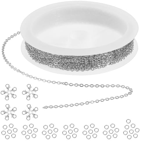 ElevateTech Rostfritt stål Rolo kabelkedjor för smyckestillverkning, 16,4 fot halsbandskedja med 20 hummerlås och 50 bindringar metallkabelkedjekit för smyckestillverkning, gör-det-själv hantverk